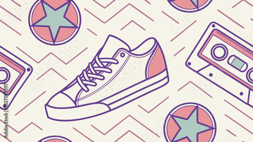 A retrothemed pattern featuring a sneaker, cassette tapes, and star icons, all outlined in purple against a zigzag beige background design