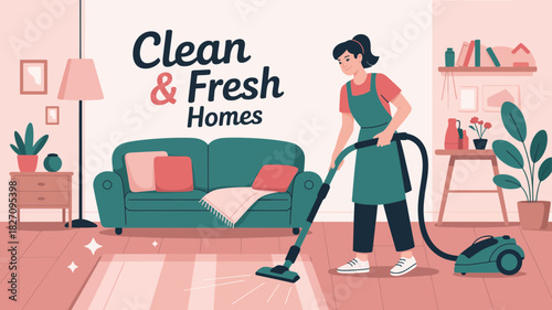 Woman with vacuum cleaner making a clean and fresh home with a sofa and decor