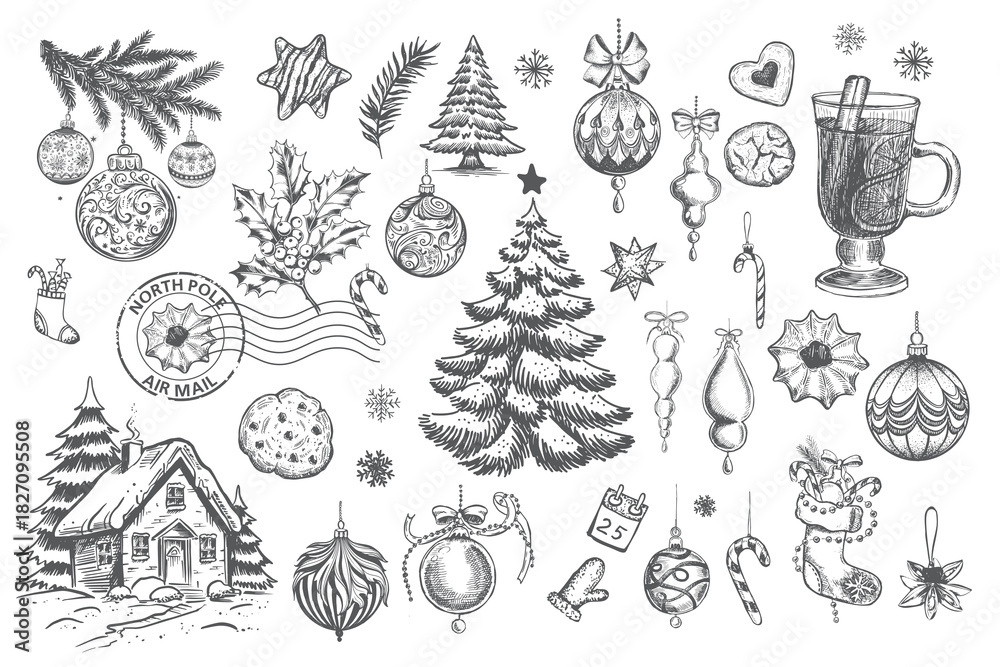 Naklejka premium Christmas set,, tree, ball, set on white, Hand drawn illustration
