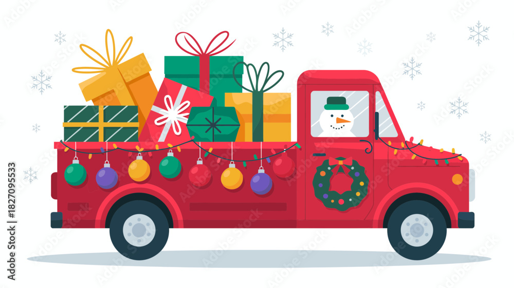 Fototapeta premium Red vintage pickup truck loaded with christmas presents and decorated with festive lights and ornaments