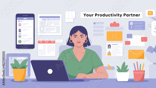 Woman working at desk with laptop and digital tools as productivity partner concept