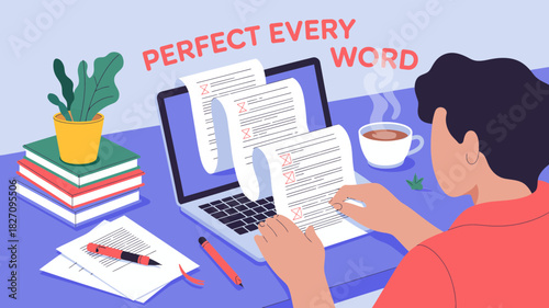 Person reviewing documents on laptop screen with red checkmarks and text perfect every word