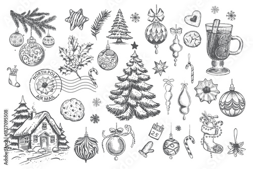 Christmas set,, tree, ball, set on white, Hand drawn illustration	
