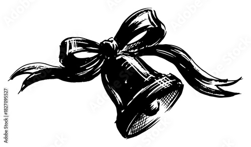 Hand drawn Christmas bell with ribbon bow sketch Vector illustration of holiday jingle decoration in black ink style