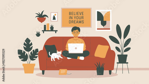 Young person working on laptop on couch with cat and plants motivational quote on wall