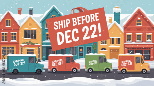 Christmas holiday shipping deadline reminder with delivery vans and snowy town buildings