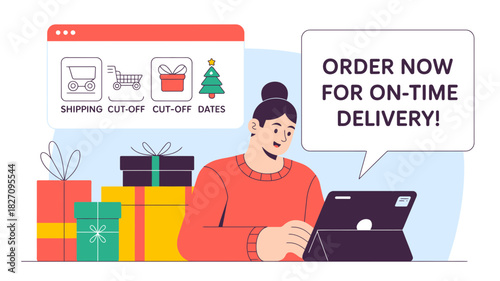 Woman ordering gifts online for timely delivery before christmas with shipping cut off dates reminder