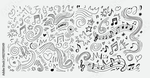 Handdrawn musical notes, swirls, stars, and hearts doodle pattern isolated on white background