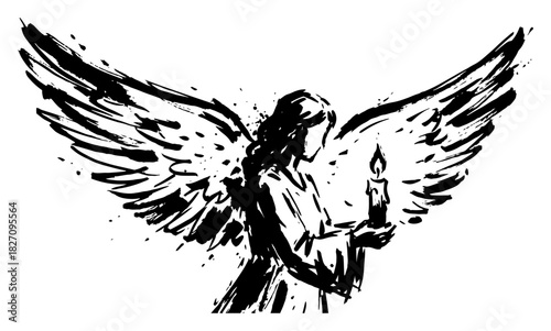 Hand drawn angel with wings holding burning candle sketch Vector illustration of Christmas religious spirit symbol in black ink style