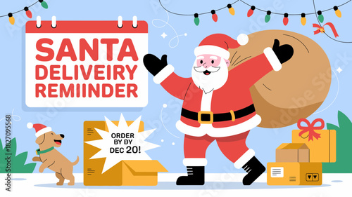 Santa claus and a dog delivering gifts with a calendar reminder to order by december 20th