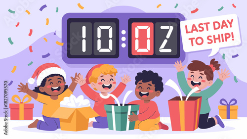 Excited diverse children celebrating opening presents with countdown timer showing last day to ship