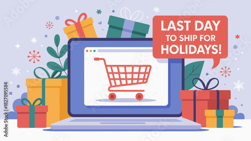 Last day to ship for holidays message on laptop screen surrounded by gift boxes and festive decorations
