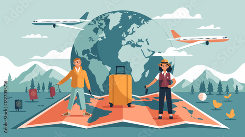 Happy travelers with luggage and passports ready for global adventure around the world with airplanes