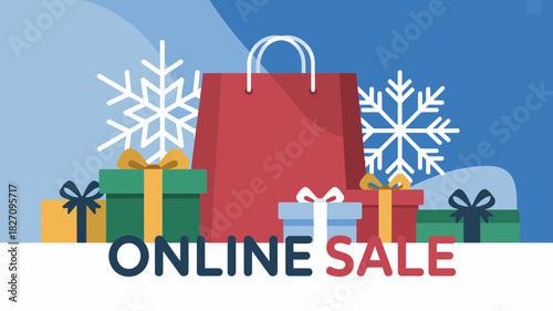 Festive online sale illustration featuring gift boxes snowflakes and a shopping bag