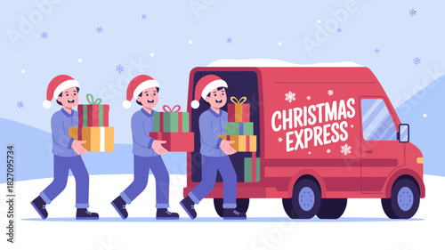 Christmas express delivery service with happy people carrying gift boxes to a red van in the snow