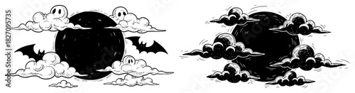 Halloween night scene featuring full moon bats and spooky clouds Vector black and white line art illustration