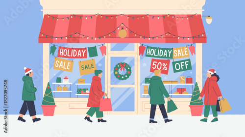 People shopping for holiday sales outside a festive store decorated with christmas lights and wreaths