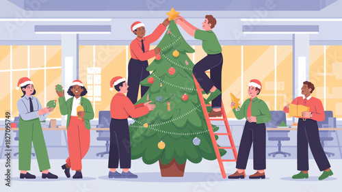 Diverse team of colleagues in santa hats decorating a christmas tree in a modern office setting