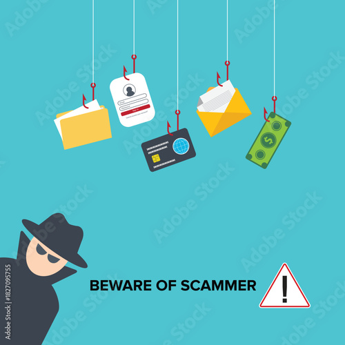 Beware, scammer, hacker, in front of his computer committing digital cybercrime	