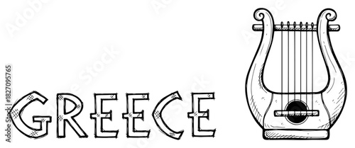 Hand drawn Greece word lettering and ancient lyre musical instrument sketch Vector illustration of Greek culture symbol and harp