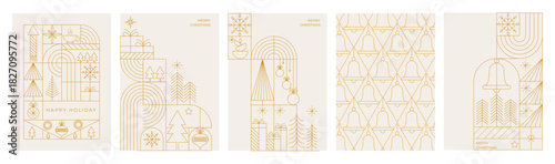 Minimalist geometric Christmas card set featuring gold line-art trees, ornaments, bells, and abstract shapes on soft backgrounds; ideal for holiday greetings and festive branding.