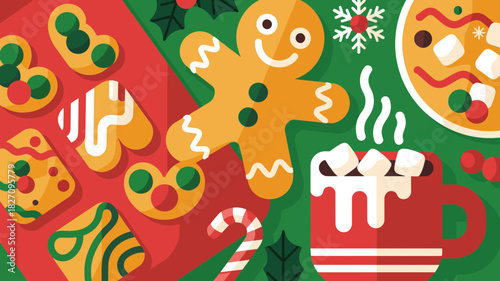 Festive christmas flat design illustration featuring gingerbread cookies hot chocolate candy cane and holly leaves