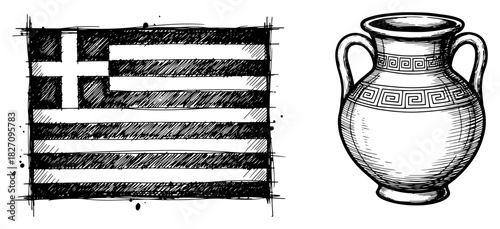 Hand drawn Greece national flag and ancient amphora vase sketch Vector illustration of Greek clay pottery and country symbol