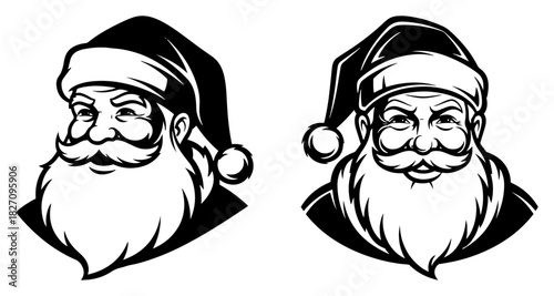 Santa Claus head mascot logo set Vector illustration of Father Christmas face portrait in black and white style