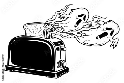 Haunted toaster with flying ghosts Vector illustration of spooky spirits rising from burnt bread in comic style