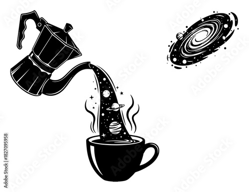 Surreal coffee pot pouring liquid universe with stars and planets into cup vector illustration featuring cosmic galaxy stream concept