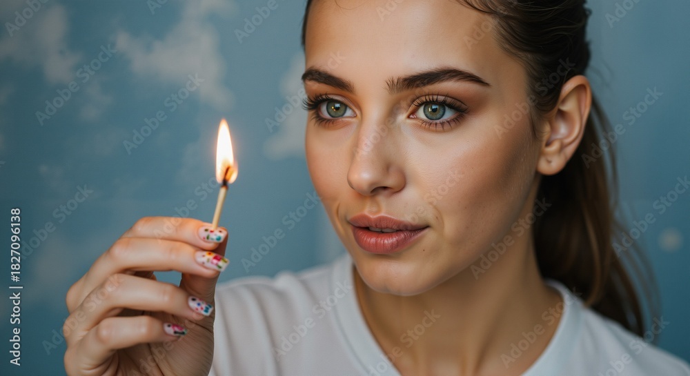 Obraz premium Attractive hopeful young woman calmly holding a lit matchstick close to her face against a blue cloudy background