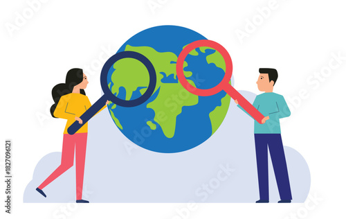 Characters analyze world with magnifying glass. Global world economics analysis, international or oversea business research, investment or opportunity statistics
