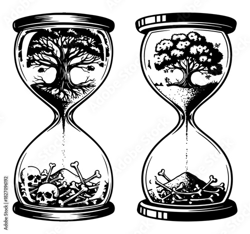 Hand drawn hourglass with tree of life turning into skulls and bones sketch Vector illustration of life and death cycle concept