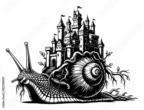 Fantasy snail carrying a large medieval castle fortress on its back Vector black and white line art illustration