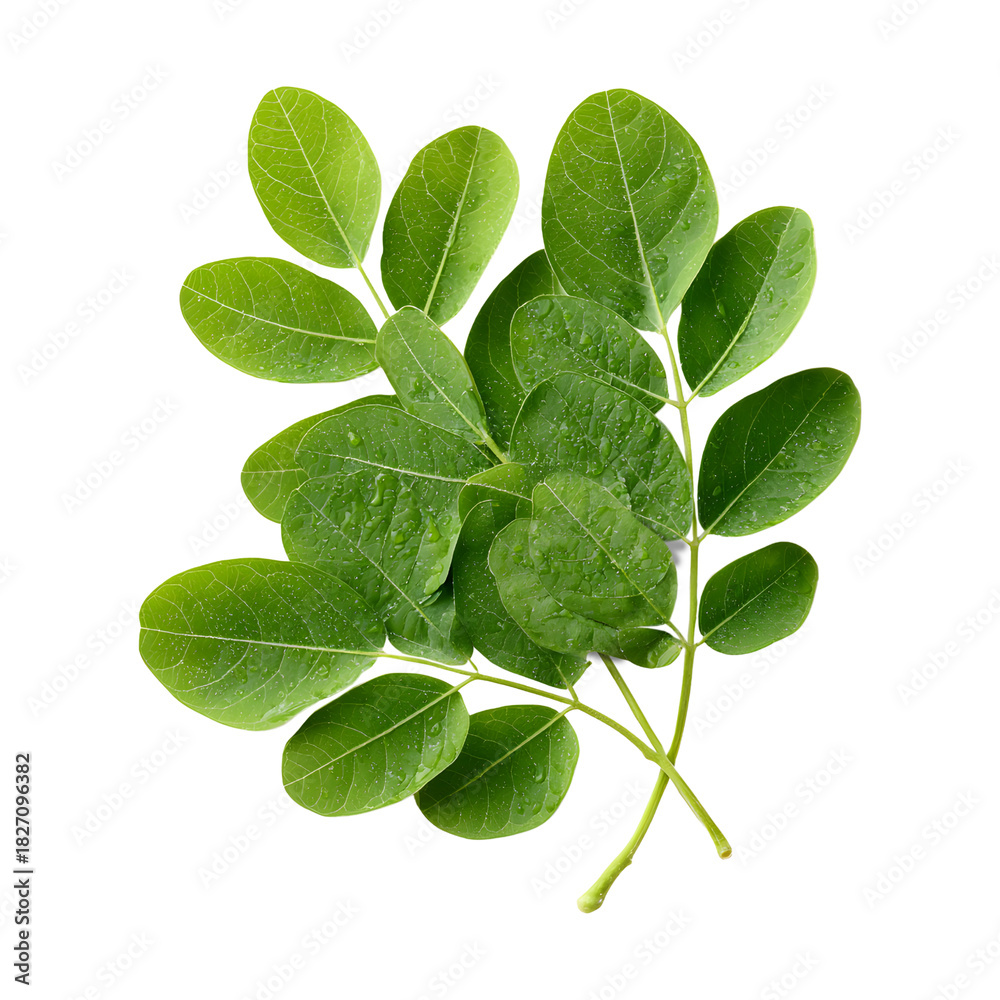 Obraz premium Green moringa leaves herbal medicine supplements on transparent background