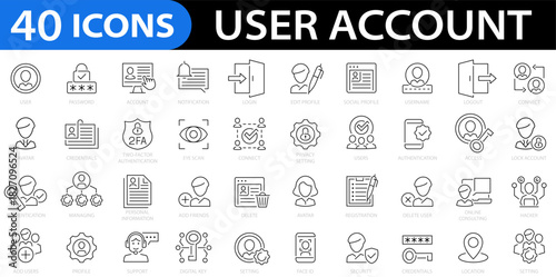 User account line icon set. Personal profile, password, login, avatar, connect, add friend, notification, access and more. Editable stroke. Vector illustration