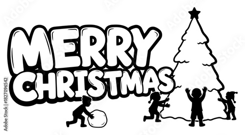 Merry Christmas typography vector illustration featuring large pine tree and silhouettes of children playing with snowballs