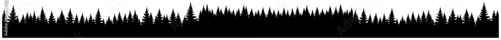 Fototapeta premium Panoramic pine forest silhouette vector illustration featuring seamless horizontal border of coniferous trees isolated on white background for nature design