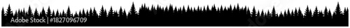 Panoramic pine forest silhouette vector illustration featuring seamless horizontal border of coniferous trees isolated on white background for nature design