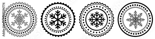 Decorative winter snowflake stamp vector illustration set featuring round ornamental circular badges with geometric snow patterns in black and white