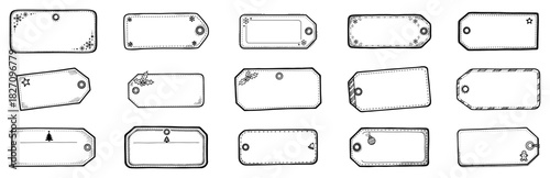 Set of blank gift tags and labels vector illustration featuring hand drawn sketch style frames with christmas details ready for custom text or prices