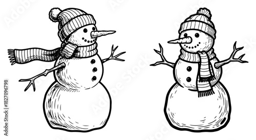 Hand drawn Christmas snowman vector illustration set featuring vintage sketch style characters wearing winter hats and scarves isolated on white