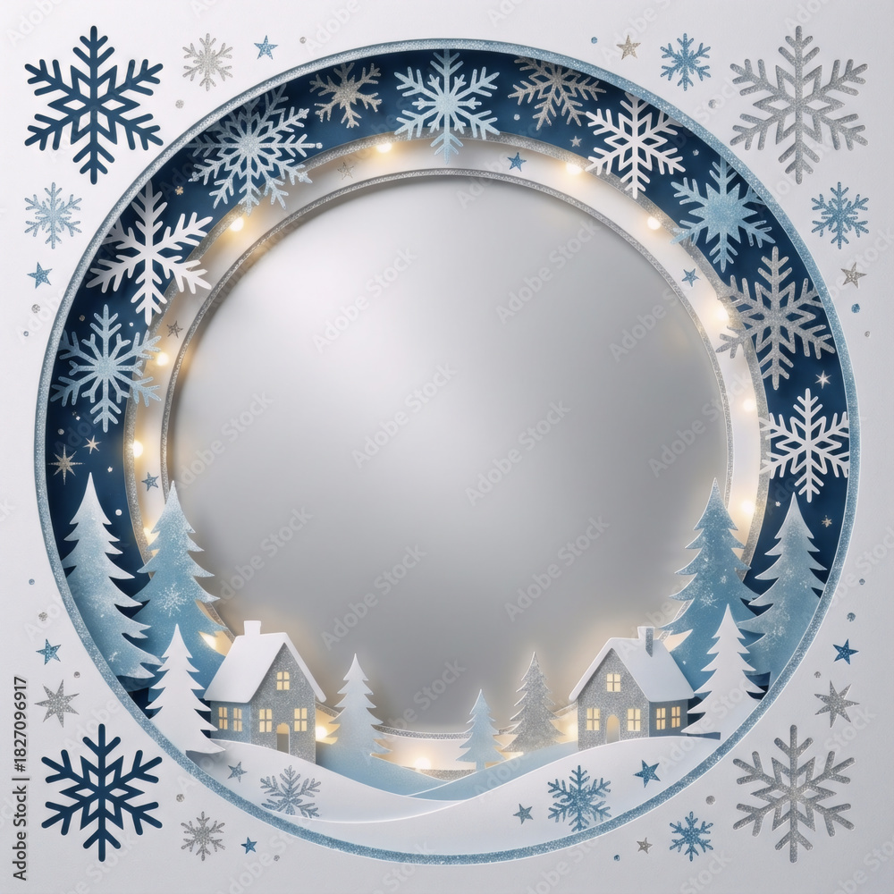 Fototapeta premium Round winter paper cut photo frame: mirror center with snowy village
