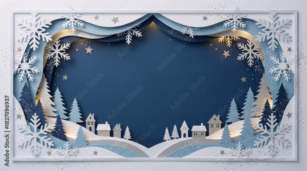 Obraz premium Winter paper cut greeting card: night village on dark blue background