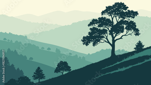 A serene landscape featuring rolling hills and a solitary tree standing tall against the backdrop of a misty, mountainous horizon at dusk