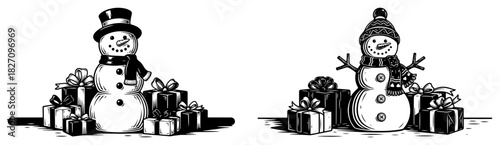 Christmas snowman vector illustration set featuring characters wearing winter hats and scarves surrounded by gift boxes and presents in black and white style