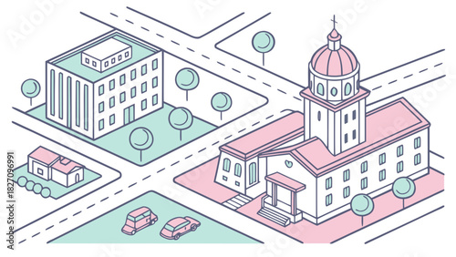 Isometric view of a town with a church, office building, and houses, showcasing urban planning and architectural design