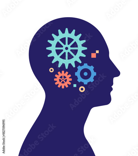 Man head silhouette with gears inside. Thinking, problem solving and intelligence concept. Simplicity vector illustration, isolated.