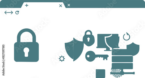 Internet Security Icon Set on Web Browser Interface with Lock Shield and Key for Online Protection and Data Safety