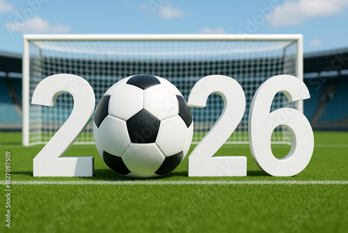 2026 with soccer ball in gate — tournament season background
